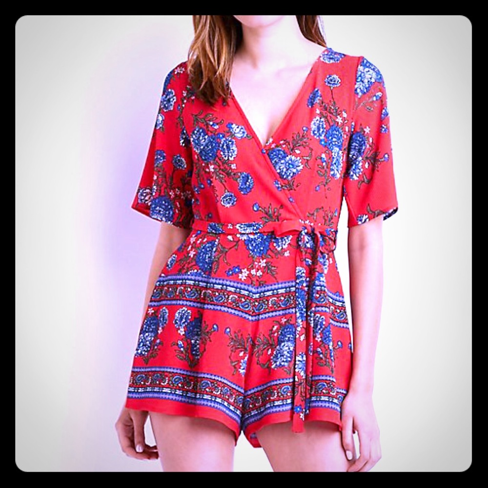 Charlotte Russe Floral & Paisley Tie Front Romper